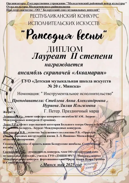 Диплом ансамбля Аквамарин на конкурсе Рапсодия весны