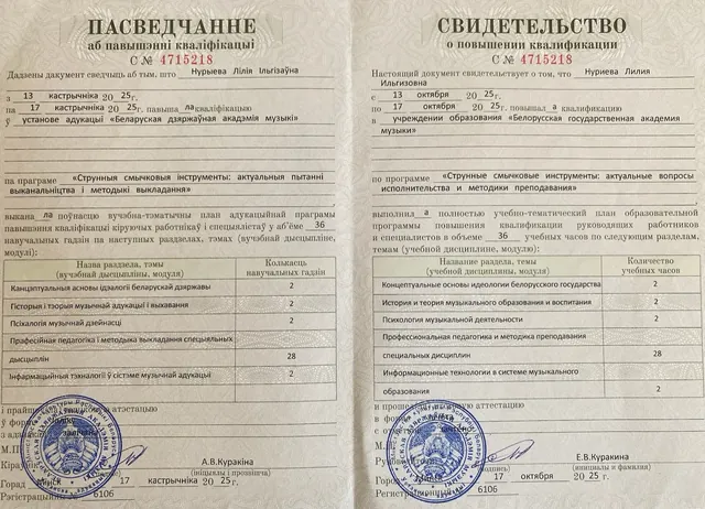 Свидетельство о повышении квалификации по струнным смычковым инструментам