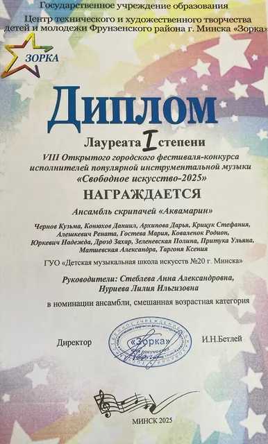 Диплом ансамбля Аквамарин на фестивале Зорка 2025