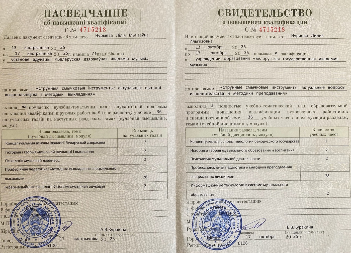 Свидетельство о повышении квалификации по струнным смычковым инструментам